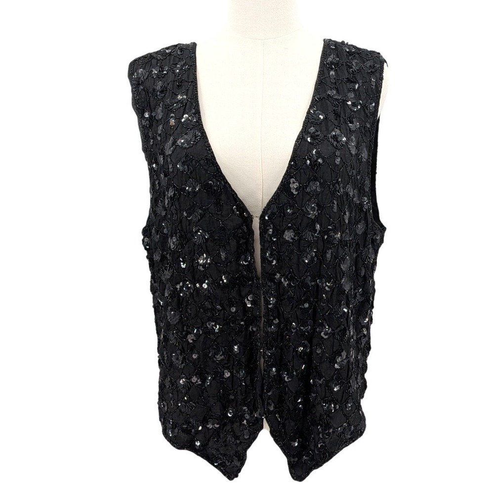 Vintage 80s Sweet Sue Sequin Beaded Silk Vest Top Plus‎ Sz 20 Glam Rock Party